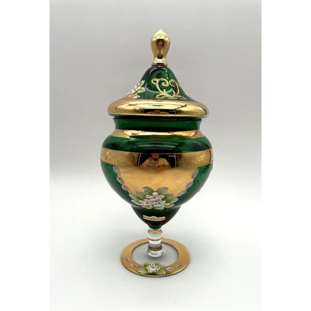 Vintage SEYEI Victorian Glass Decorated Footed Candy Dish w Lid Green